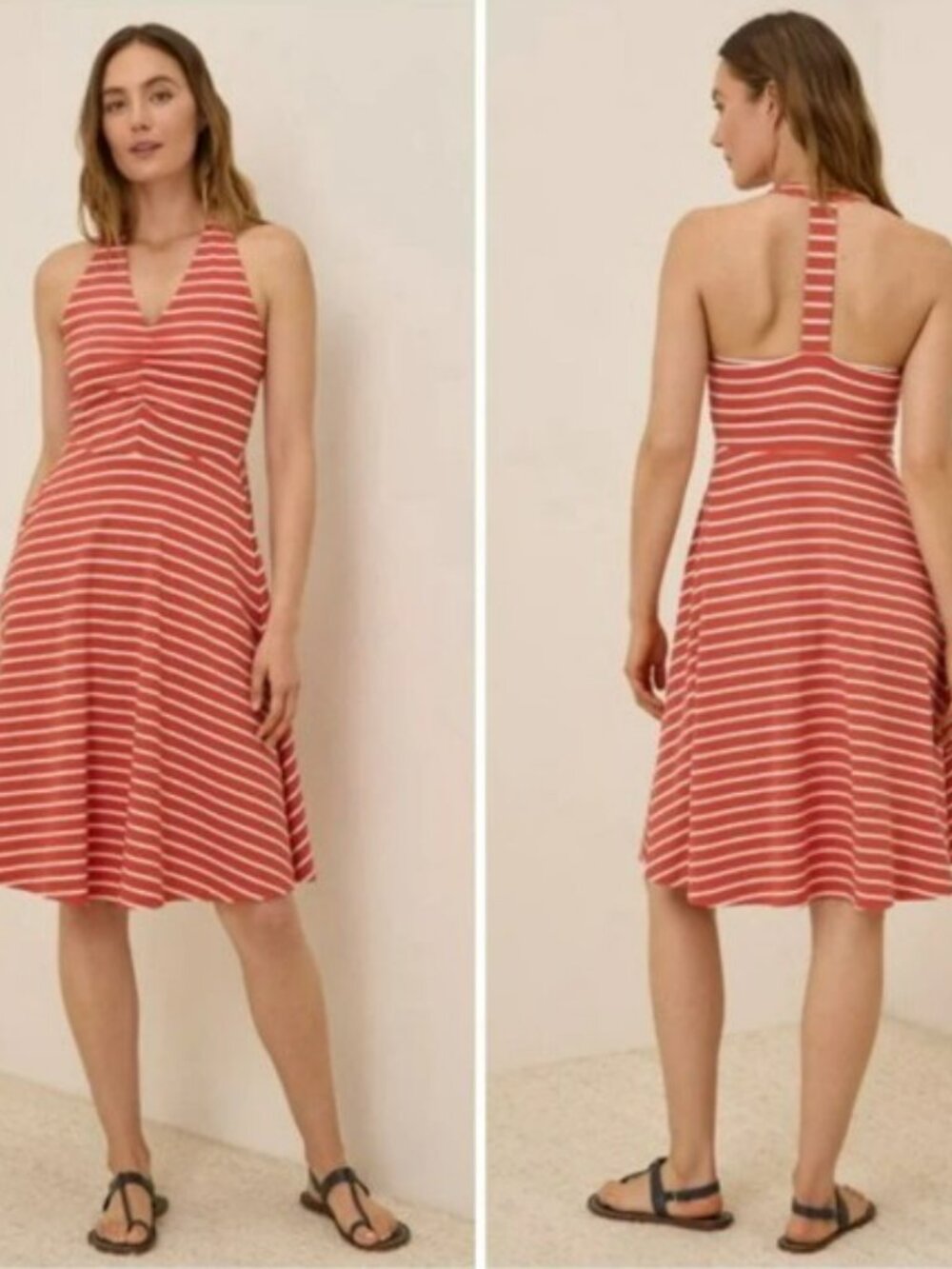 Pact Organic Fit & Flare Gathered Halter Dress Daytripper Stripe Large GUC